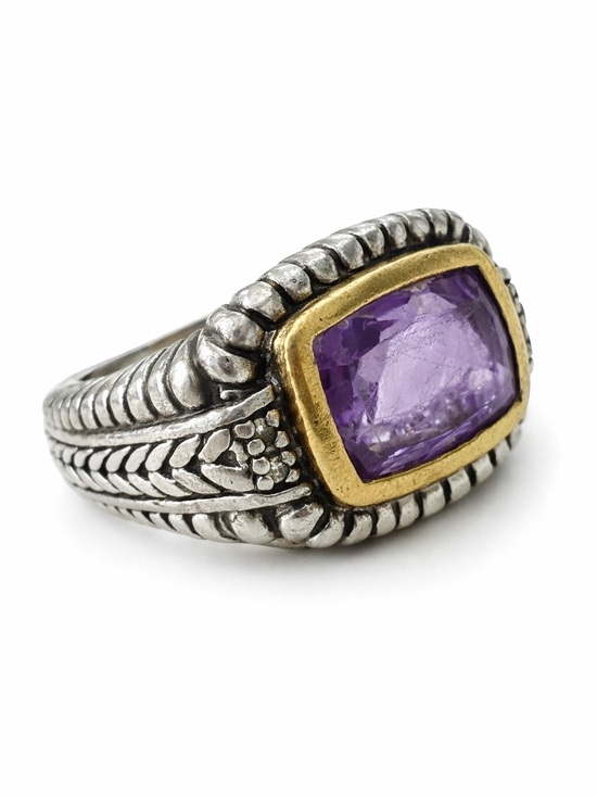 T&C Jewelry - T&C 925 Sterling 14k Vintage Style Ring with Bezel Set Purple Stone